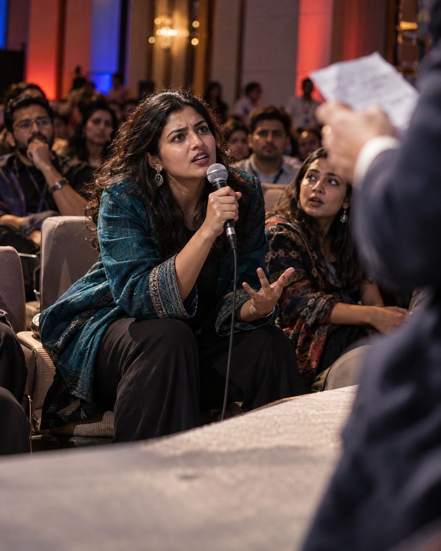 A woman in the audience asks a speaker a question into a microphone in a packed hall