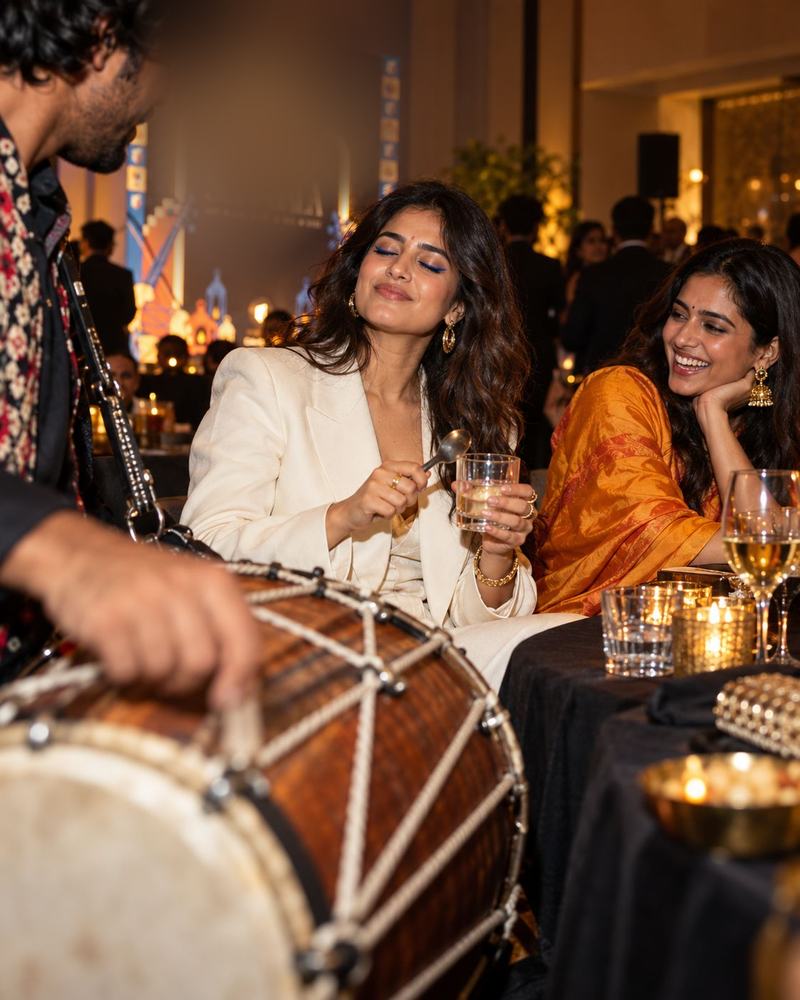 Guests laughing over drinks at a candlelit gala table while a dhol player performs